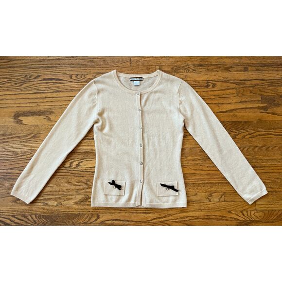 Prairie New York Beige Button Up Pocket Bow Cardigan Sweater  Women's Size Large - Picture 3 of 9